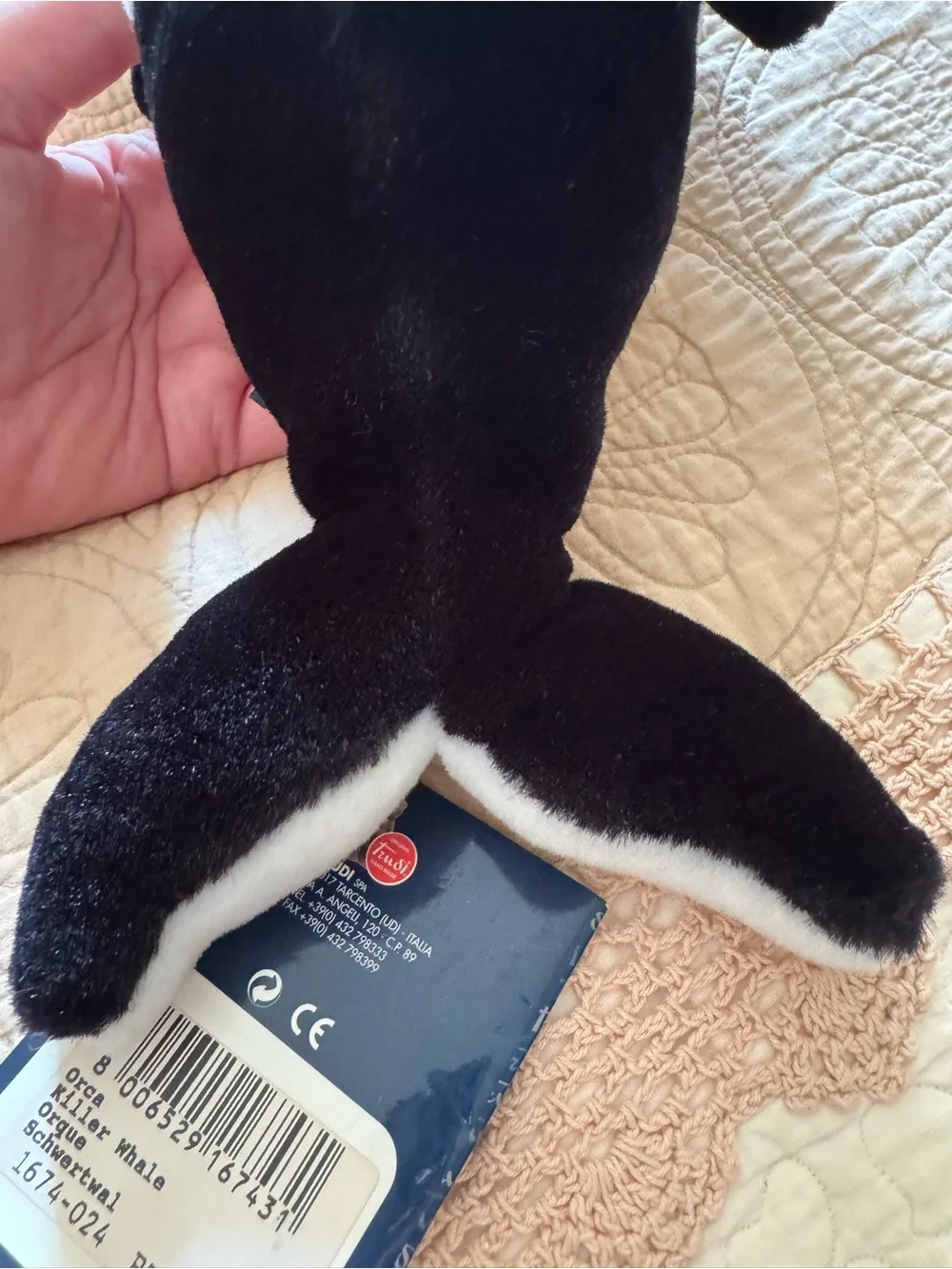 Trudi Orca Whale Plush Toy in Black and White with Red Tag